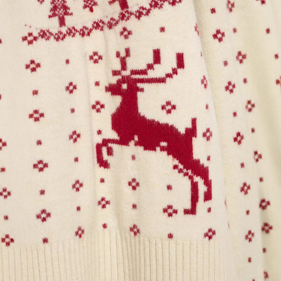 Damen kurzer Norwegerstrickpullover mit hohem Rippkragen und Rentiermotiv Echoarchiv