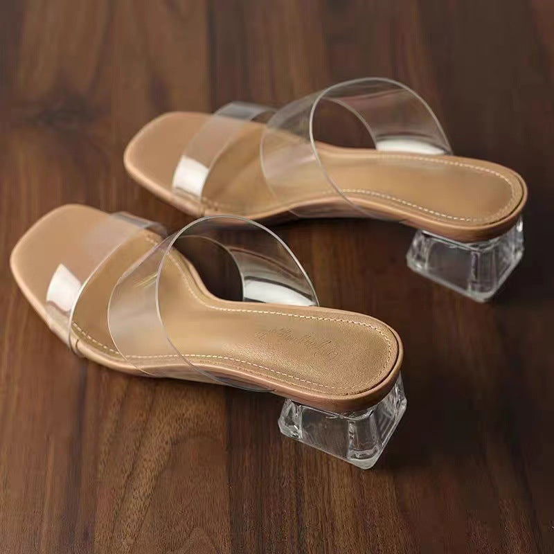Damen Minimalistische Doppelriemen Mules mit transparentem Obermaterial und geometrischem Blockabsatz – Avérine