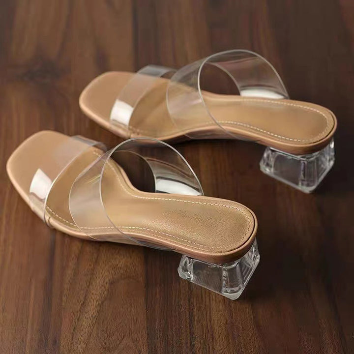 Damen Minimalistische Doppelriemen Mules mit transparentem Obermaterial und geometrischem Blockabsatz – Avérine