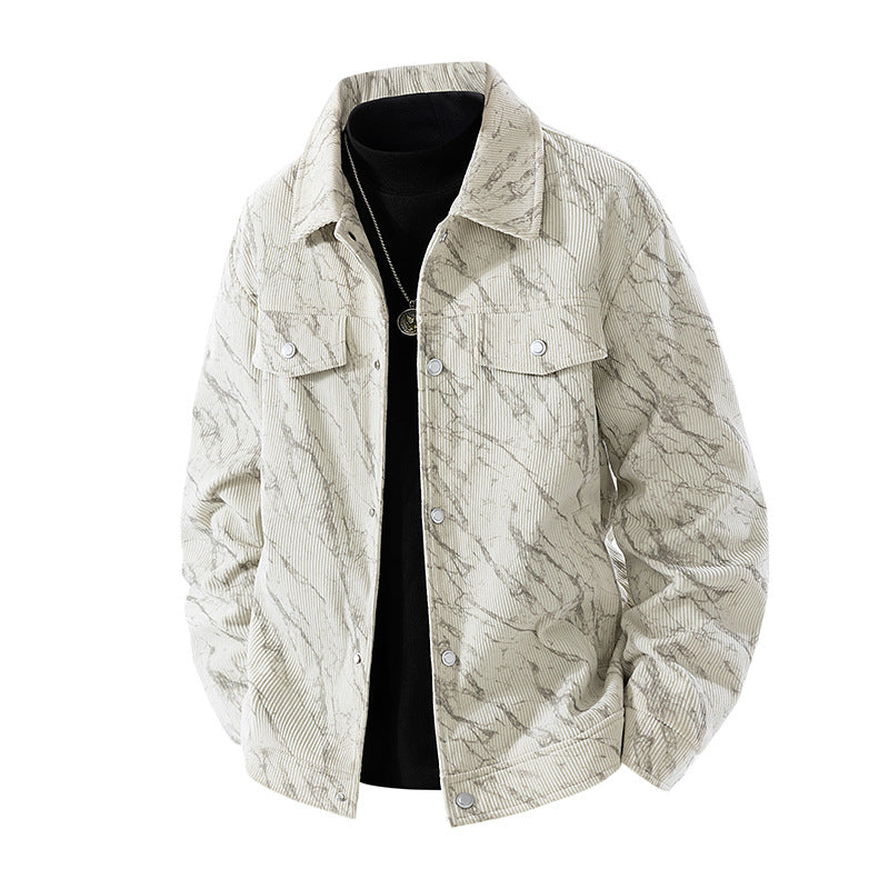 Men's marbled corduroy snap-front collared trucker jacket with chest flap pockets – Taviero