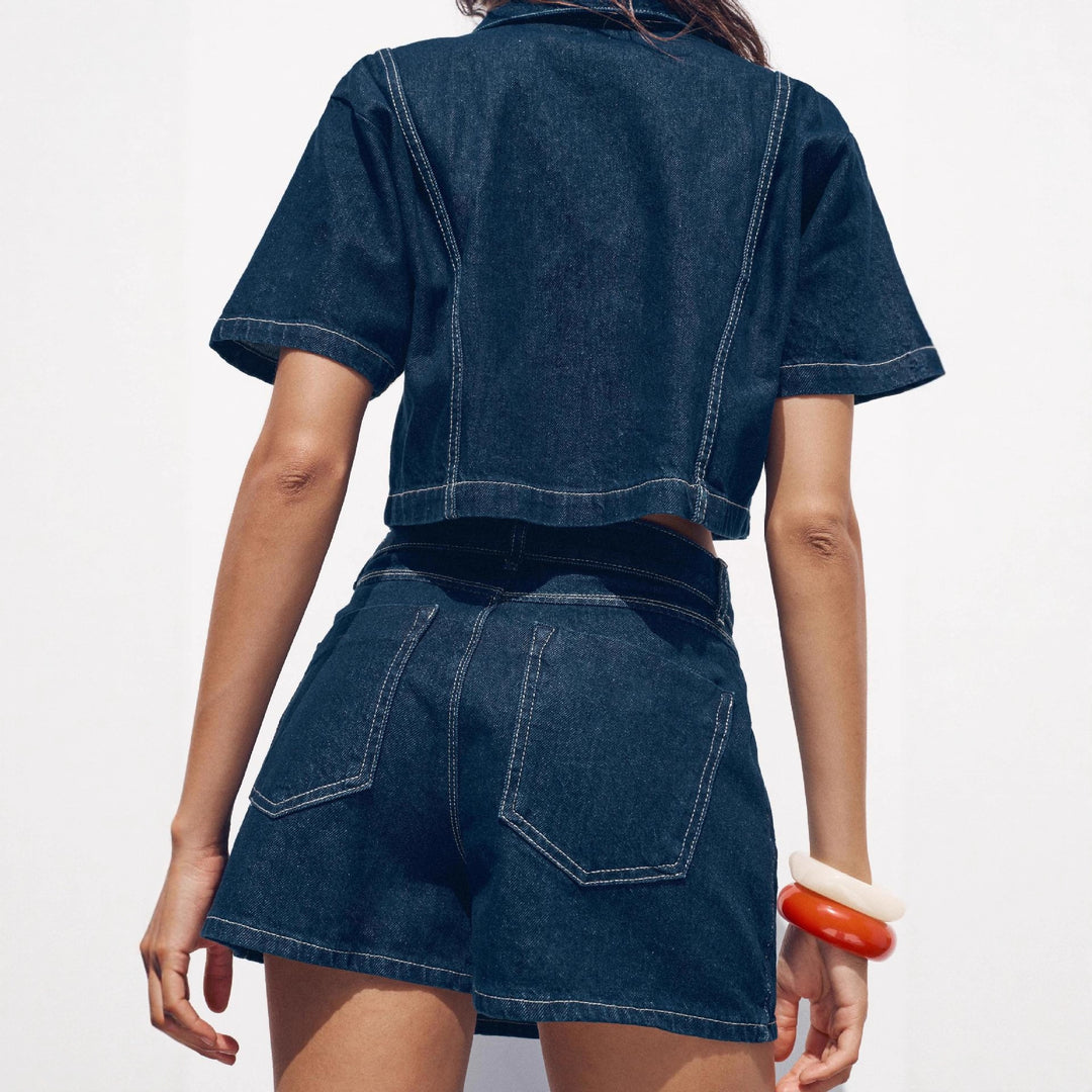 Damen kurz geschnittene Denim-Bluse mit zwei aufgesetzten Taschen Echo Archiv