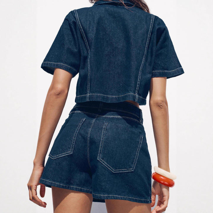 Damen kurz geschnittene Denim-Bluse mit zwei aufgesetzten Taschen Echo Archiv