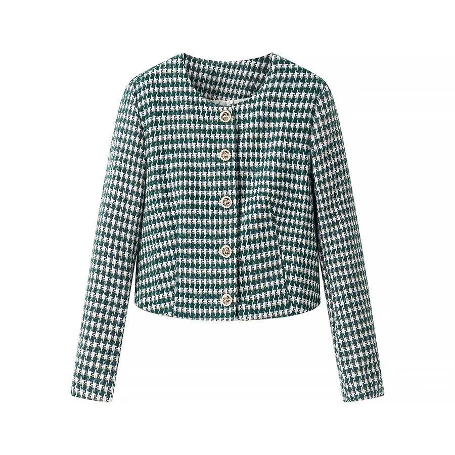 Damen kurzer Bouclé-Blazer im Cropped‑Stil mit Hahnentrittmuster, Rundhalsausschnitt und Zierknöpfen – Célinea