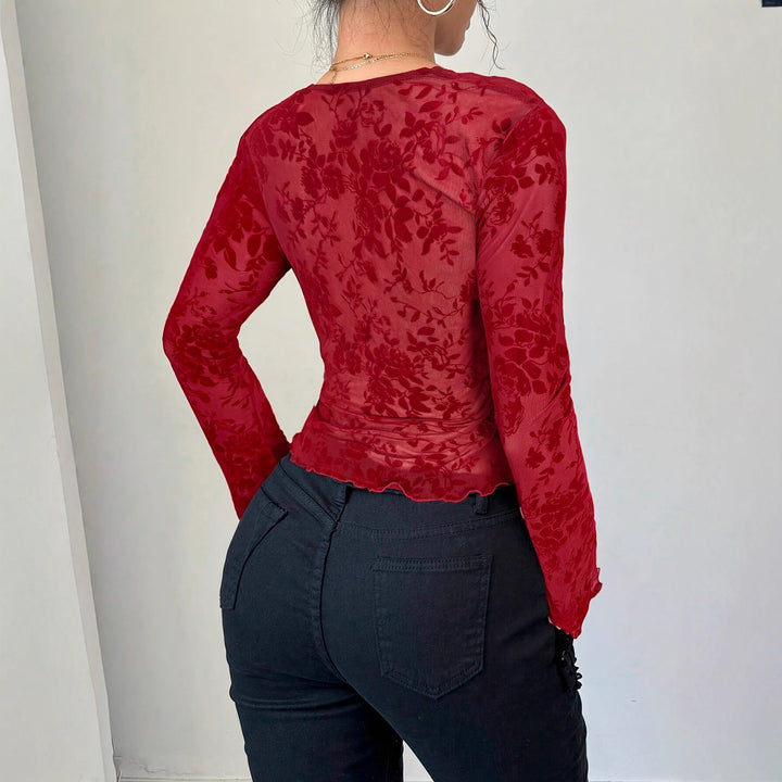 Damen nan eng anliegende transparente Mesh-Spitzenbluse mit tiefem V-Ausschnitt und floraler Veloursstruktur Echo Archiv