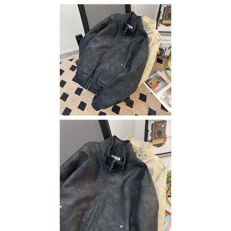 Herren kurze Stehkragenjacke aus Veloursleder-Imitat mit durchgehendem Reißverschluss Echoarchiv