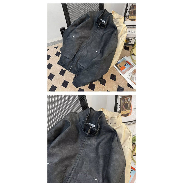 Herren kurze Stehkragenjacke aus Veloursleder-Imitat mit durchgehendem Reißverschluss Echoarchiv