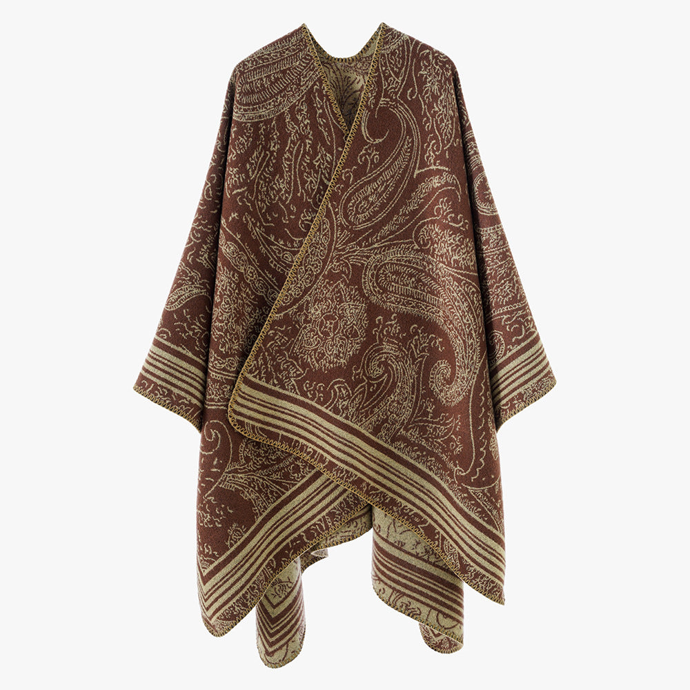Damen Jacquard-Poncho im Ruana-Schnitt mit Paisley-Muster und breiter Bordüre – Avérine