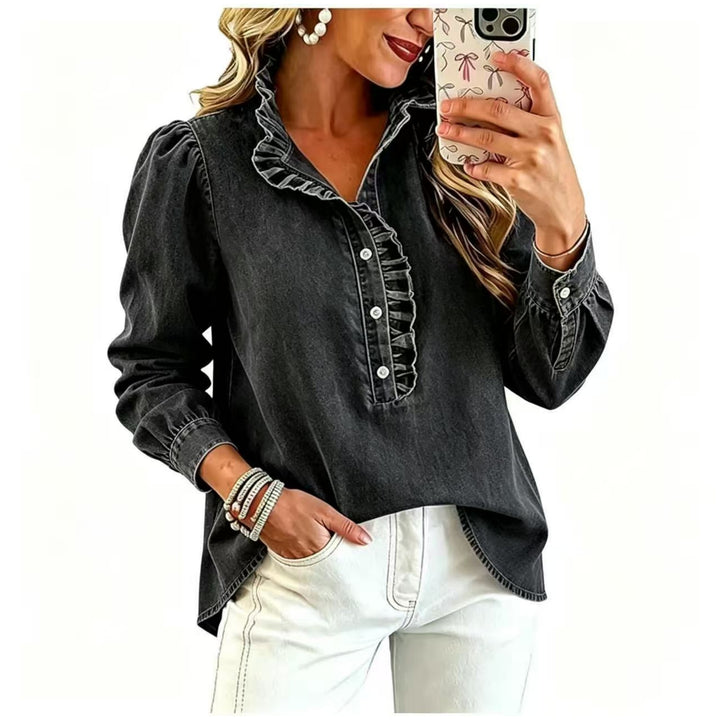 Damen Jeansbluse mit Rüschenkragen und Ballonärmeln Echoarchiv