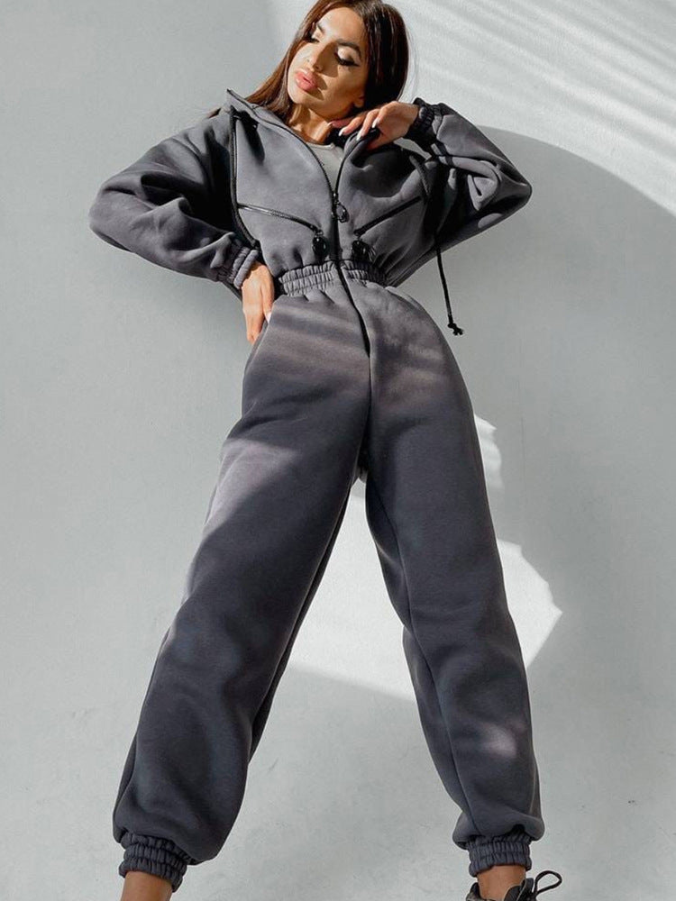 Damen Taillierter Kapuzen-Sweat-Jumpsuit mit Reißverschluss und elastischem Taillenbund – Solévia