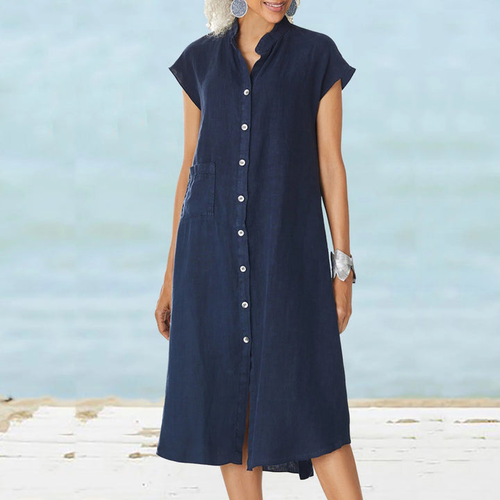 Damen lässiges Midi-Hemdkleid aus Leinen mit Knopfleiste und seitlichen Taschen Echo Archiv