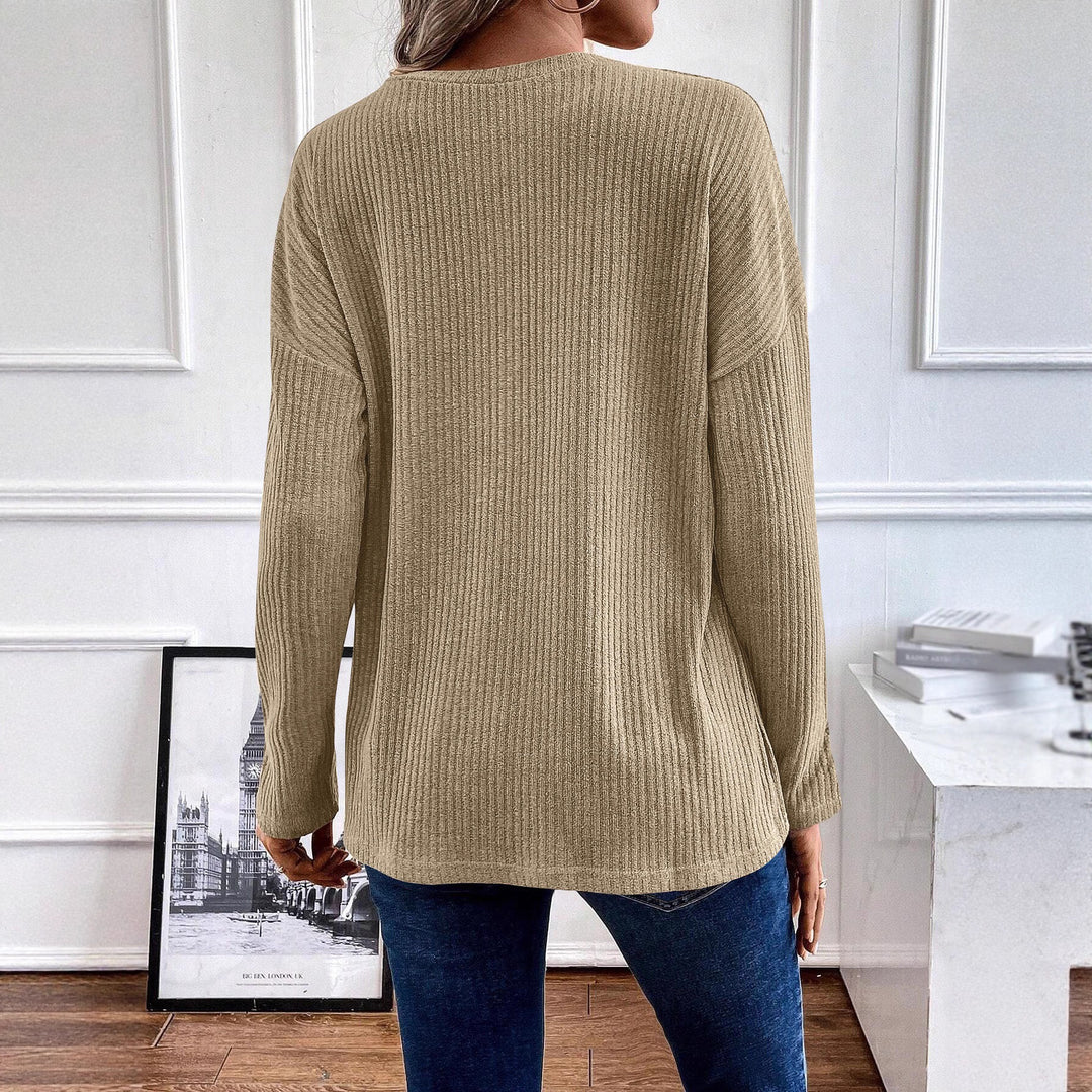 Damen Gerippter Longsleeve-Pullover mit Henley-Kragen und lässiger Tunika-Passform Echoarchiv