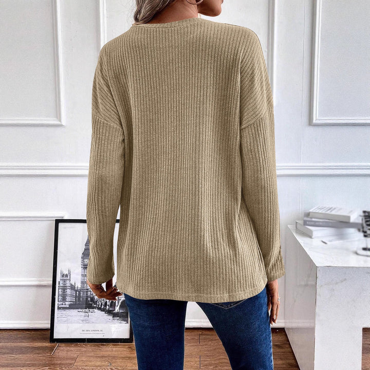 Damen Gerippter Longsleeve-Pullover mit Henley-Kragen und lässiger Tunika-Passform Echoarchiv