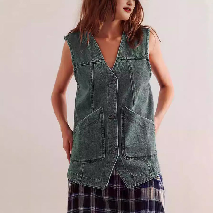 Damen Denim-Latzjacke mit praktischen Taschen und modischem V-Ausschnitt Echo Archiv