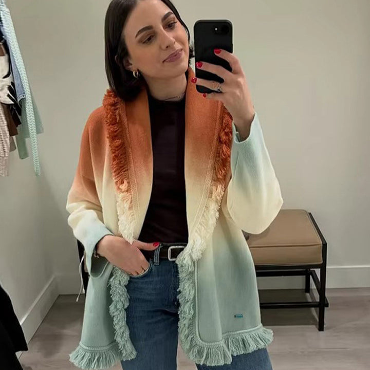 Damen Farbverlauf-Strickcardigan mit Fransen und Schalkragen Echoarchiv