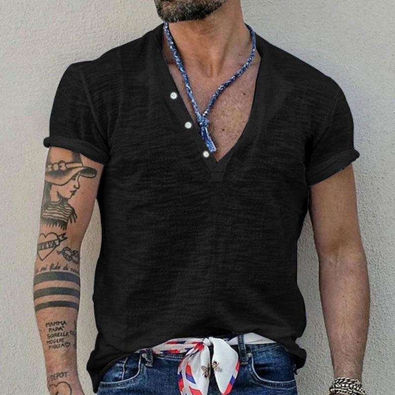 Herren Kurzarm Henley-Shirt mit dekorativen Knöpfen und atmungsaktiver Struktur Echoarchiv