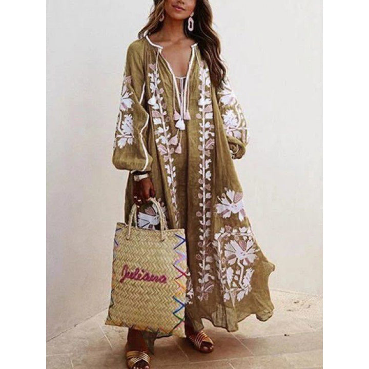 Damen Besticktes Boho-Maxikleid mit Ballonärmeln und Quastenverschluss – Valéora