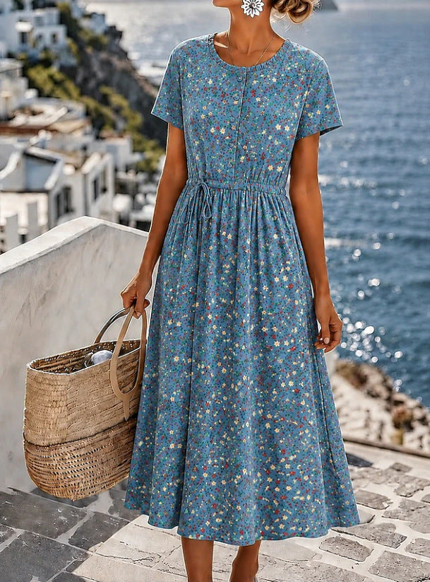 Damen Midikleid mit floralem Alloverprint, Tunnelzugtaillenband und Knopfleiste – Élara