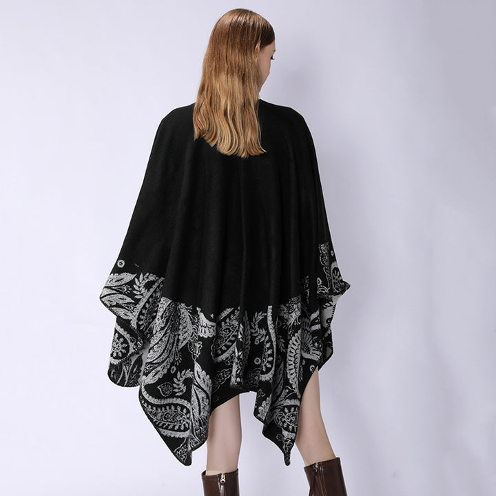 Damen Reversibler Jacquard-Capeponcho aus Wollmix mit Paisley-Motiv und offenem Fall – Montévia