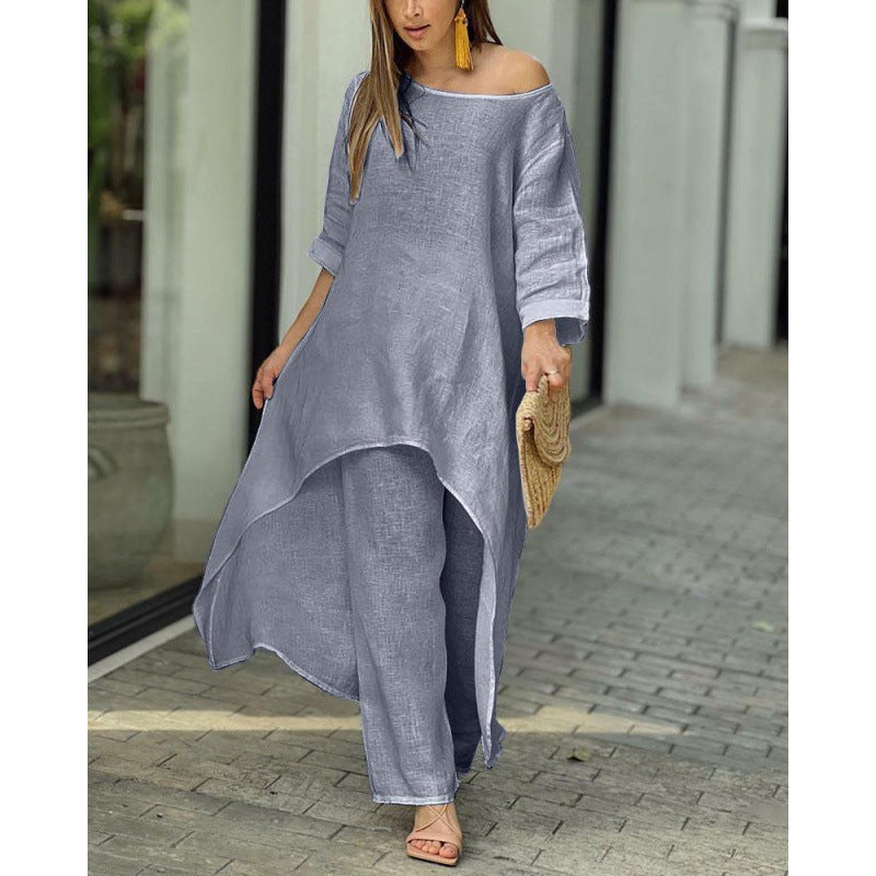 Damen Leichtes Leinen-Zweiteiler mit asymmetrischer High-Low-Tunika und weiter Palazzo-Hose Echo Archiv