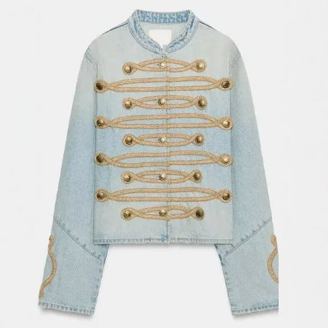 Damen Cropped-Jeansjacke im Military‑Stil mit dekorativer Kordelapplikation Echo Archiv