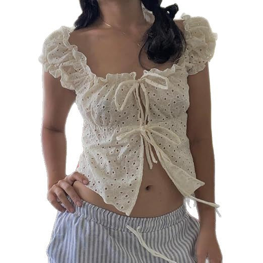 Damen Rüschenshirt mit tiefer Taille und Bindebändern Echo Archiv