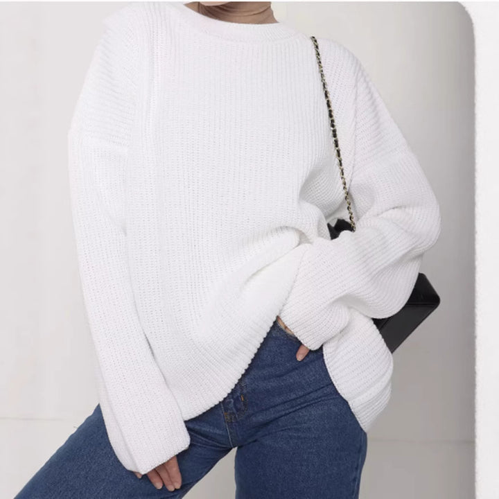 Damen Oversize Strukturstrick-Pullover mit Rundhalsausschnitt und überschnittener Schulter – Mavelle