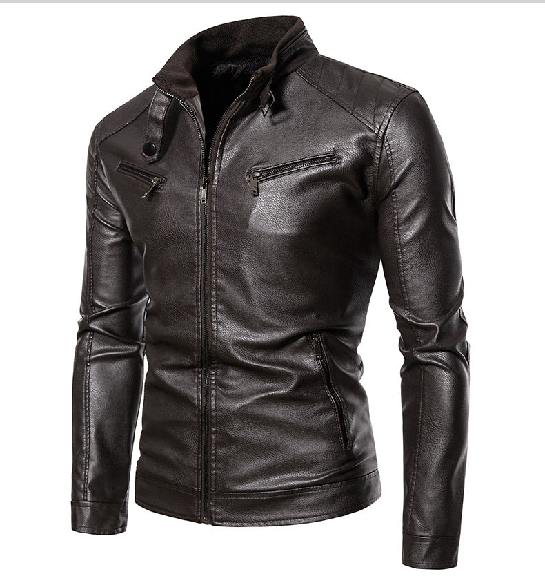 Herren Lederjacke mit modernem Stehkragen und innovativen Reißverschlusstaschen Echoarchiv