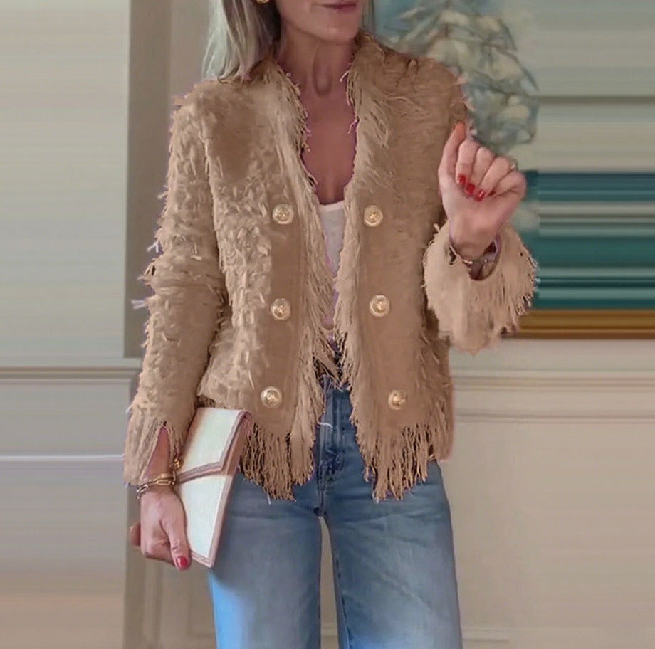 Damen nan fransenbesetzte Kurzjacke mit strukturierter Oberfläche und Zierknopfreihe Echo Archiv