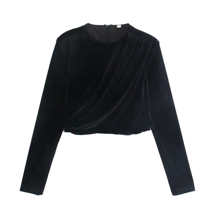 Damen Samt-Cropped-Bluse mit Drapierung und Rundhalsausschnitt Echo Archiv
