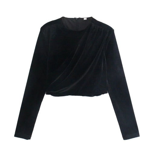 Damen Samt-Cropped-Bluse mit Drapierung und Rundhalsausschnitt Echo Archiv