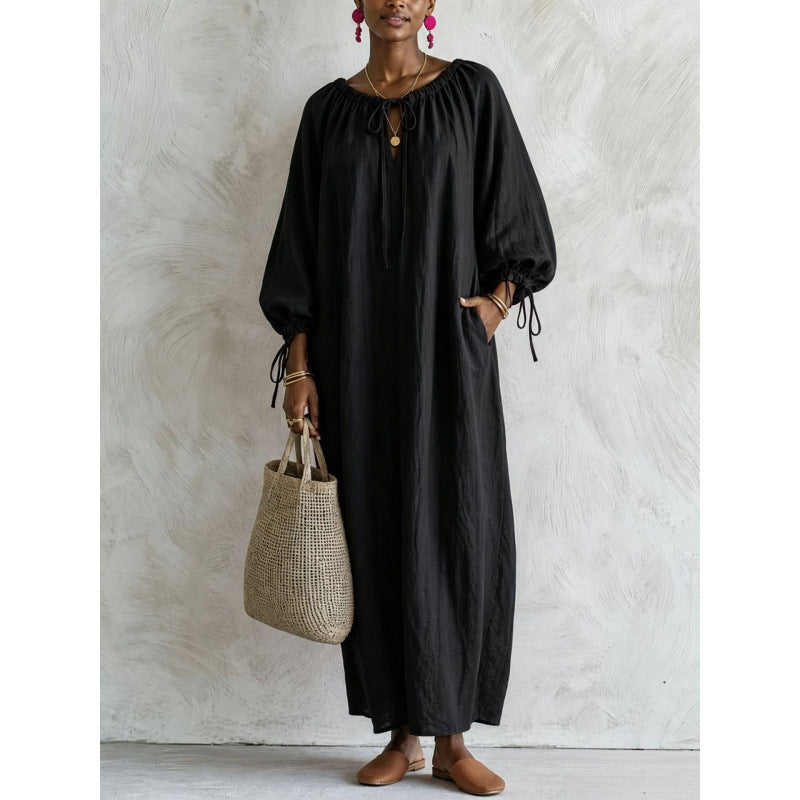 Damen Luftiges Leinenoptik-Maxikleid mit Kordelkragen, Ballonärmeln und Eingrifftaschen – Valéora