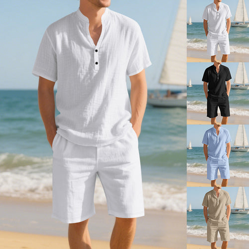 Herren lässiges Leinen-Outfit mit Langarmbluse und Cargo-Shorts Echoarchiv