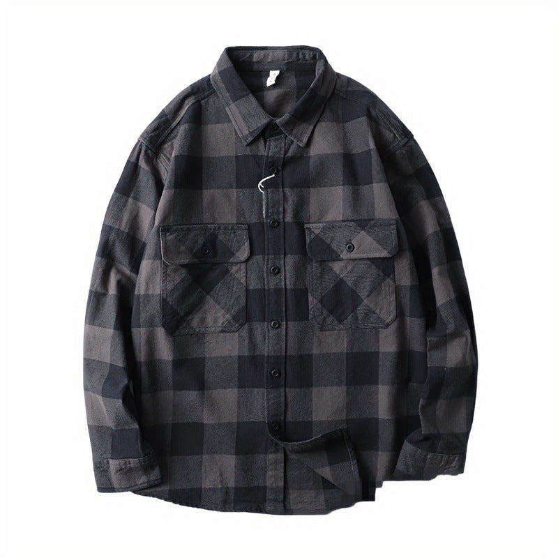 Herren Oversize Kariertes Flanell-Hemdjacke mit aufgesetzten Pattentaschen Echoarchiv