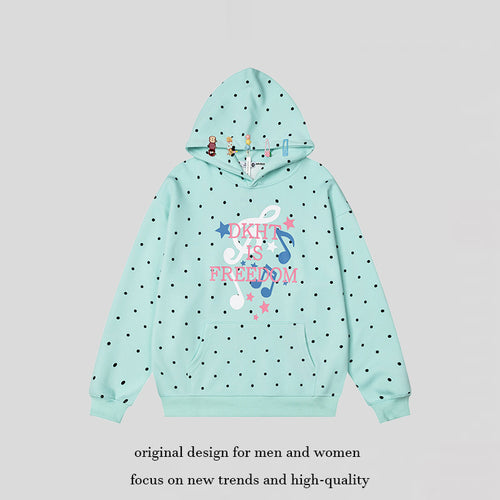 Damen Kapuzenpullover mit Polka-Dot, musikalischem Notenprint und Kängurutasche Echoarchiv