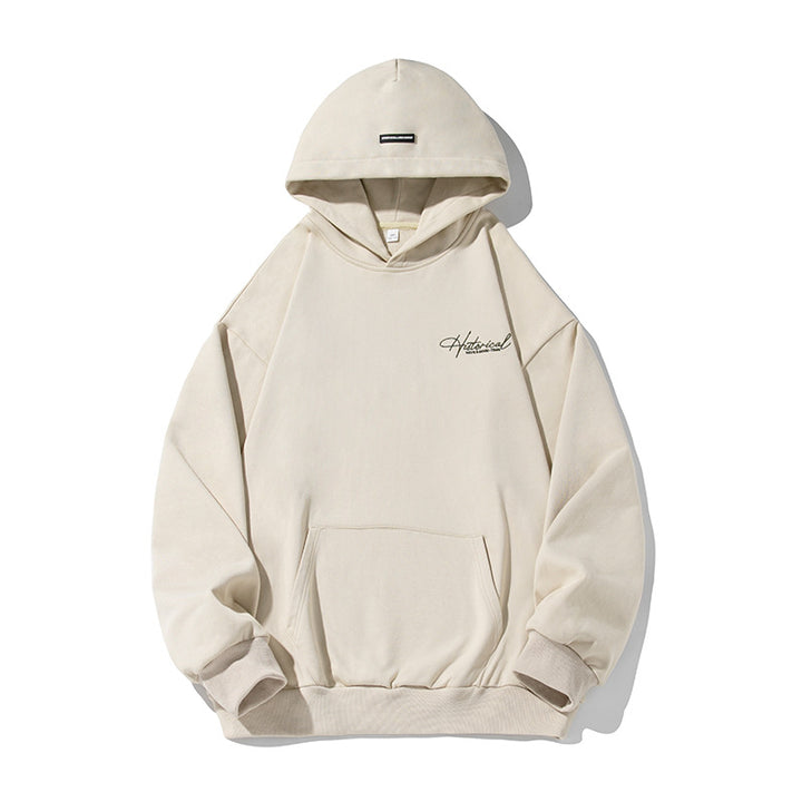 Unisex Komfort-Kapuzenpullover mit verlängertem Rückenteil, Raglanärmeln und Script-Stickerei Echo Archiv