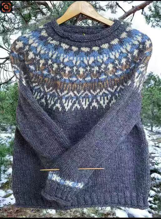 Damen nan melierter Rundhalsausschnittpullover mit kreisförmigem Jacquard-Yoke und geripptem Saum Echo Archiv