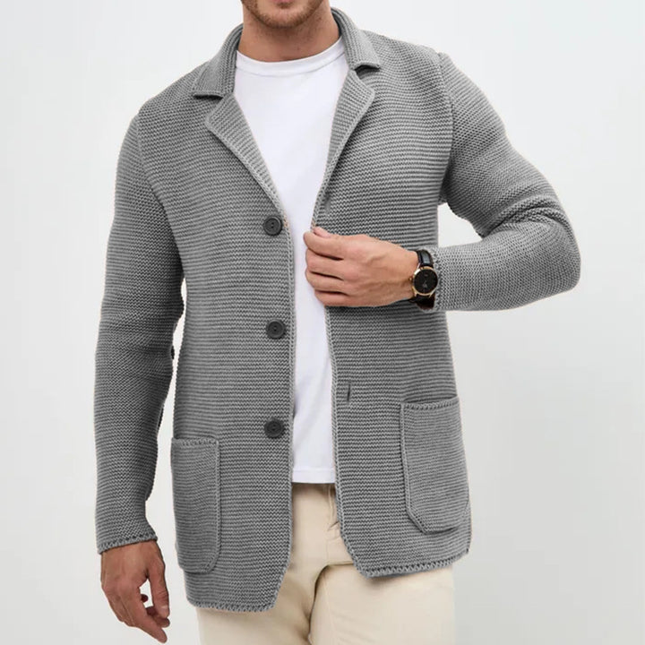 Herren grobgestrickter Strickcardigan mit Schalkragen und aufgesetzten Taschen Echo Archiv