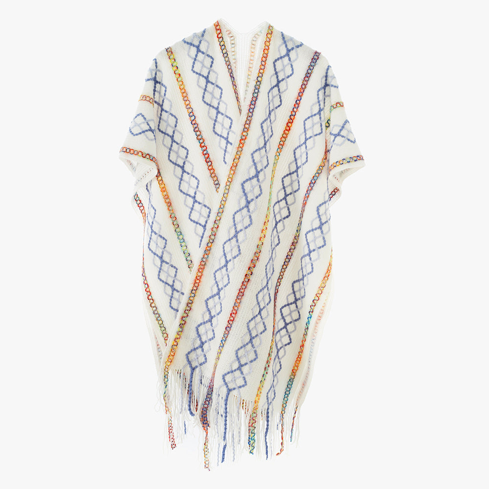 Damen Gewebter Fransenponcho mit V‑Ausschnitt und buntem Reliefjacquard – Avérine