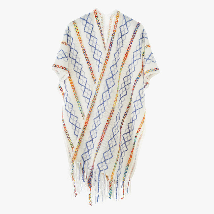 Damen Gewebter Fransenponcho mit V‑Ausschnitt und buntem Reliefjacquard – Avérine