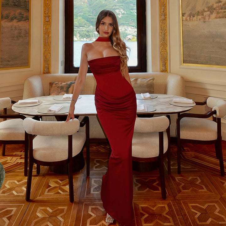 Damen elegantes Maxikleid mit raffiniertem Wasserfallausschnitt und figurbetontem Schnitt Echo Archiv