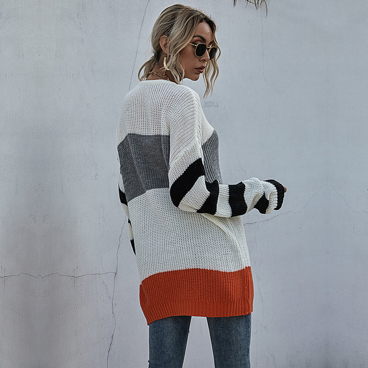 Damen Oversize-Feinstrickpullover im Blockdesign mit Off-Shoulder, gestreiften Ärmeln und geripptem Saum Echoarchiv