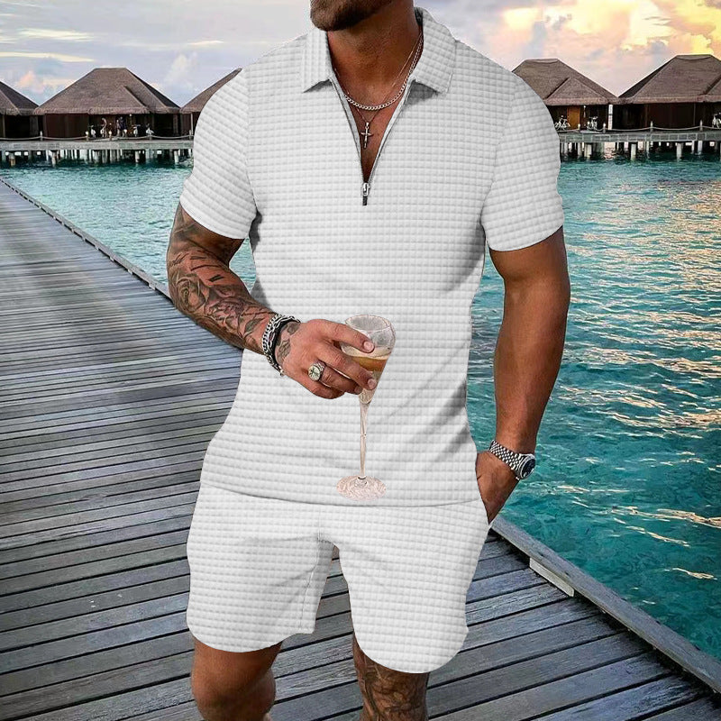 Herren modisches Kurzarm-Set mit schmalem Kragen und praktischem Zipper Echoarchiv