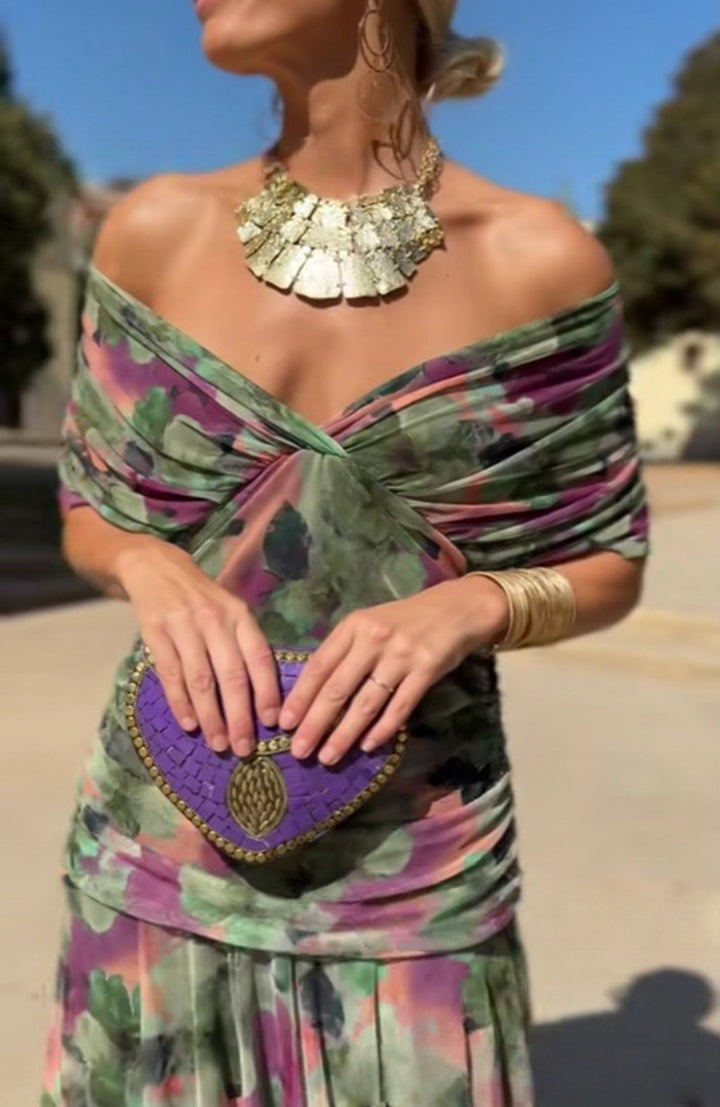 Damen nan elegantes bodenlanges Abendkleid mit drapierter Schulterpartie und luftiger Chiffon-Rock Echo Archiv