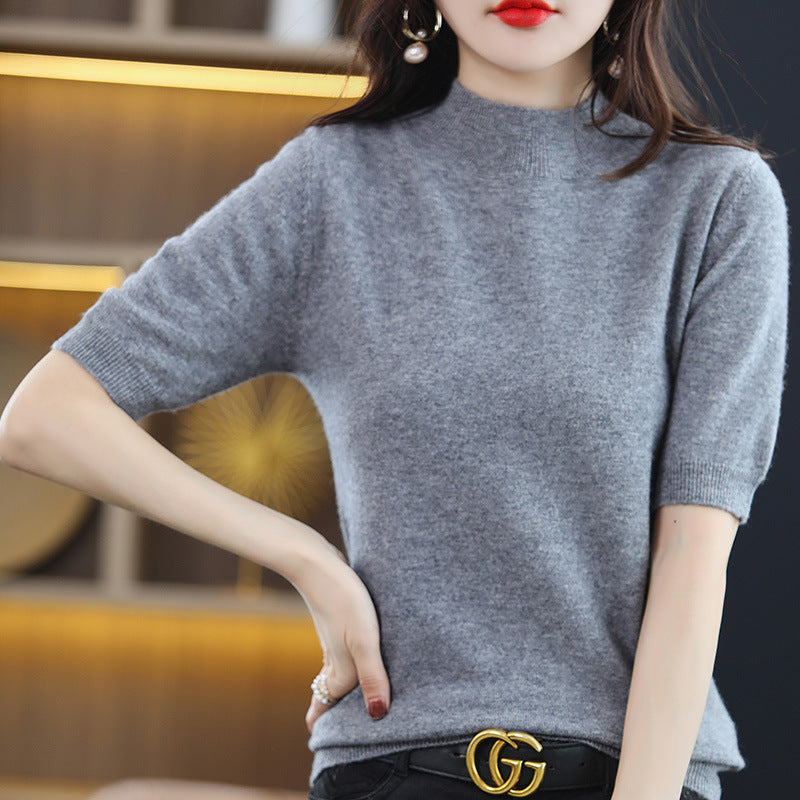 Damen Kurzärmeliger Feinstrick-Pullover mit halbem Rollkragen Echoarchiv