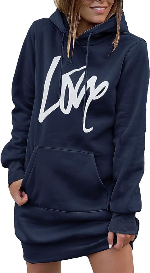 Damen Fleece-Kapuzenkleid mit Kängurutasche, Daumenlochärmeln und Oversize-Sweatshirt-Schnitt Echoarchiv