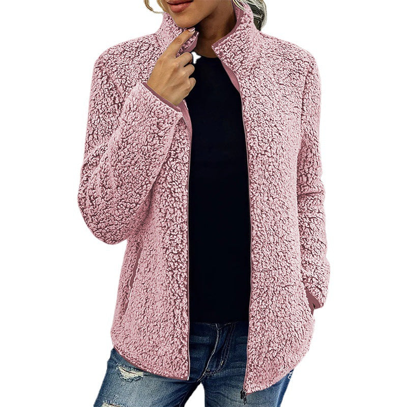 Damen Flauschige Fleecejacke mit hohen Kragen und seitlichen Taschen Echoarchiv