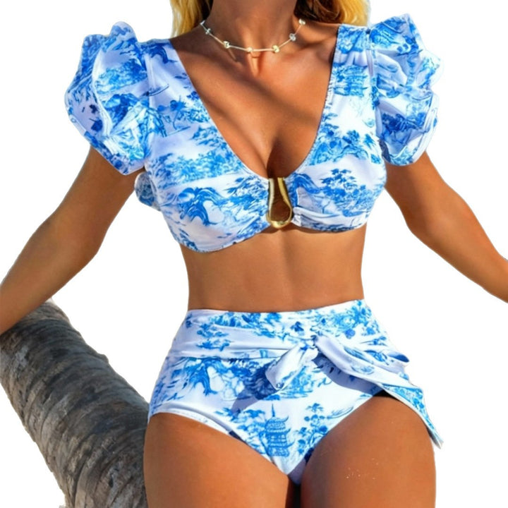 Damen Hochgeschnittener Retro-Bikini-Set mit Volants Echo Archiv