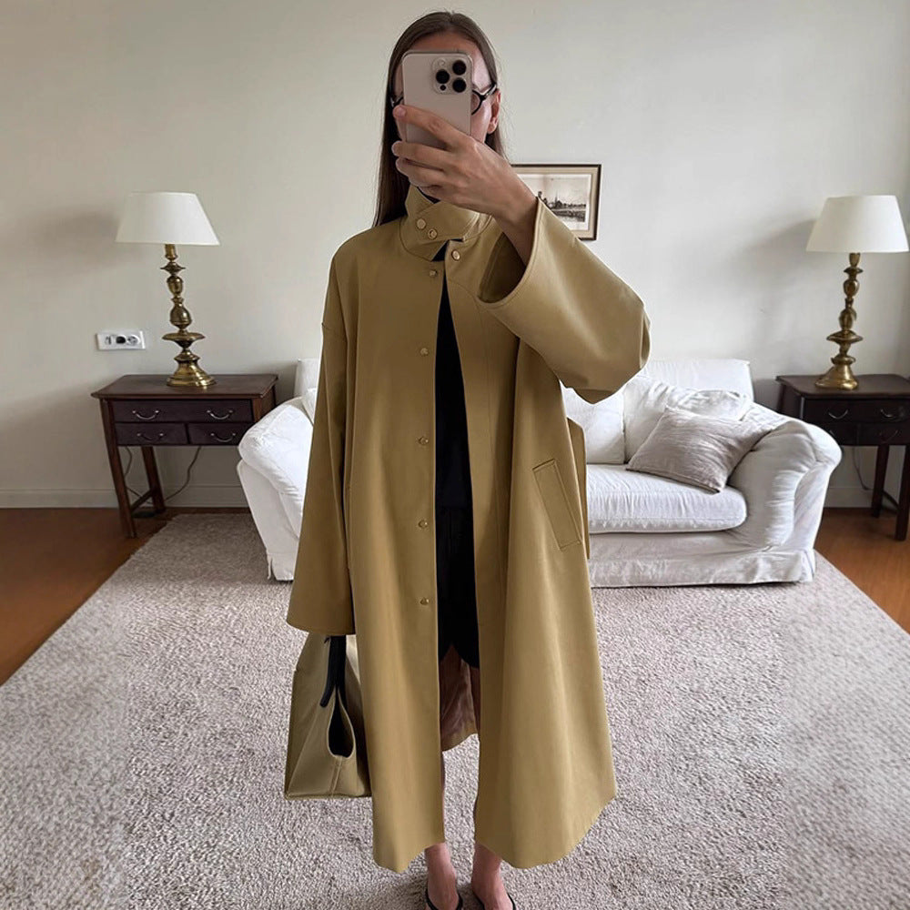 Damen Maxilanger Oversize-Trenchcoat mit Stehkragen und verdeckter Druckknopfleiste Echoarchiv