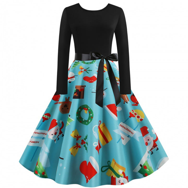 Damen Retro-Festkleid mit kontrastiertem Oberteil, ausgestelltem Tellerrock und Satintaillengürpe – Élara