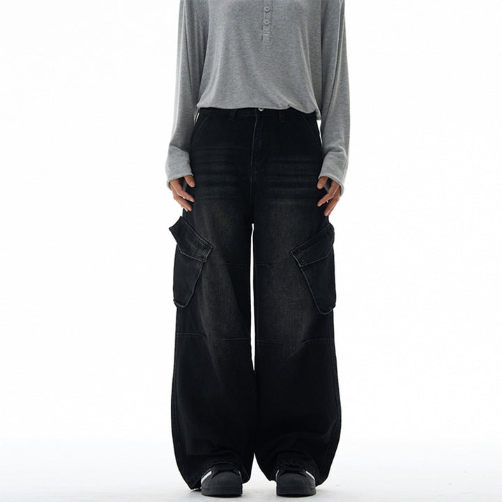 Damen Hochtaillierte Utility-Denim-Palazzohose mit Kniepaneelen und großen Klappentaschen Echo Archiv